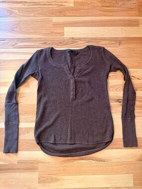 prAna Women's XS Brown Waffle Knit Thermal  Long Sleeve Henley Top Cottagecore